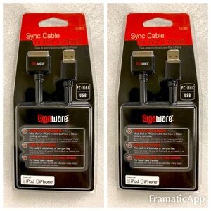 Lot of 2 Gigaware USB to 30 Pin Charging/Data Cables For iPod or iPhone. New.